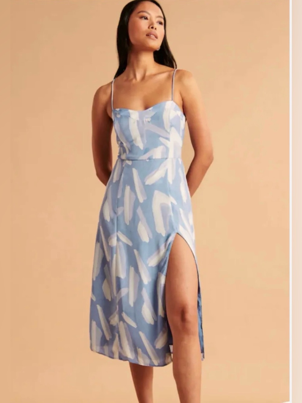 NWT Abercrombie & Fitch XL Blue Abstract Midi Dress Side Slit Spaghetti Strap